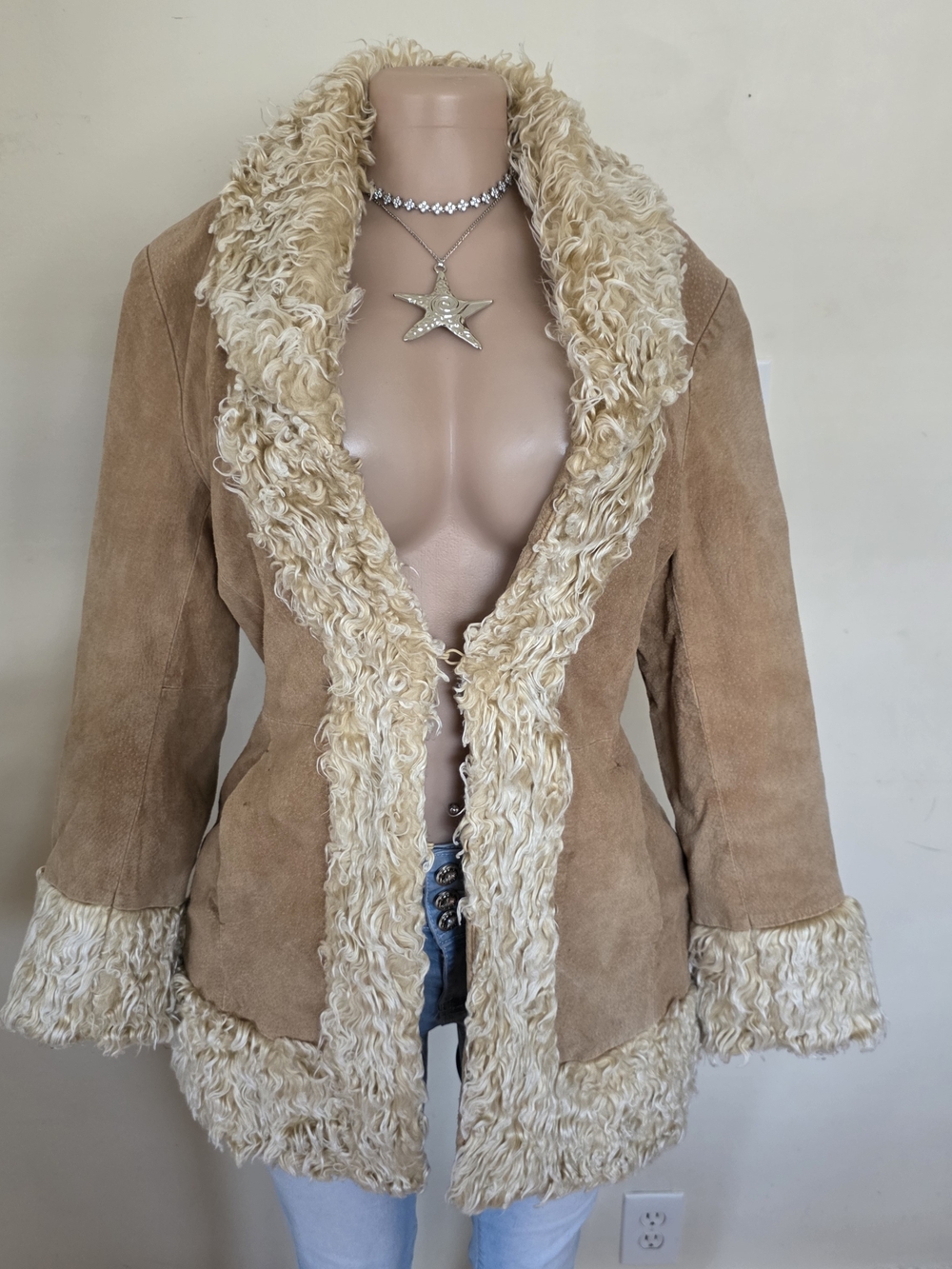 Mixit Tan Suede Coat with Cream Shearling Trim